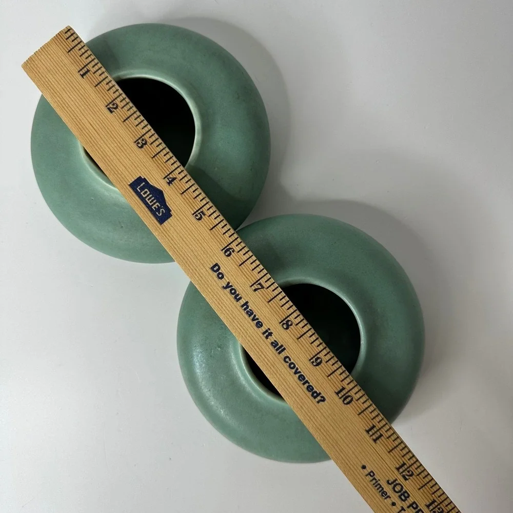 2 Art‎ Pottery Matte Green Low Profile Round Vases MCM Style Unmarked 2